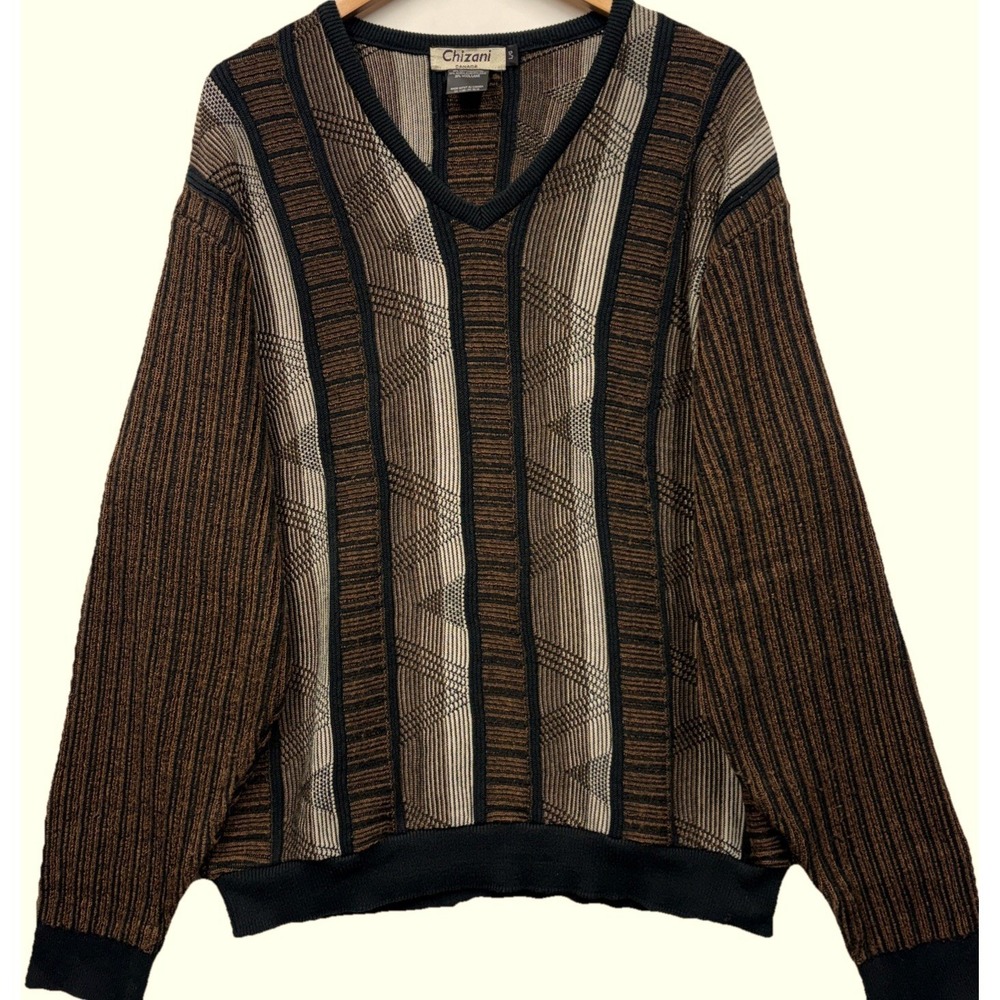 Vintage Chizani Canada V-Neck Textured Grandpa Sweater Men's L Brown‎ Geometric
